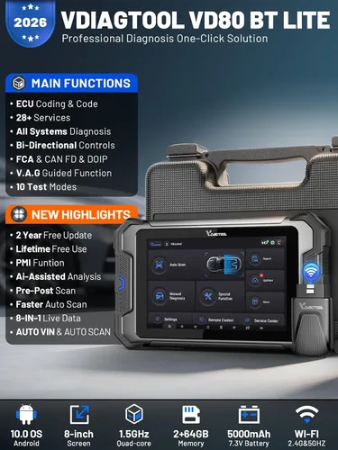 Vista 2 de VDIAGTOOL Herramienta de escaneo bidireccional VD80 BT Lite, 2026 8 pulgadas, herramienta de diagnóstico de escáner OBD2 de sistema completo