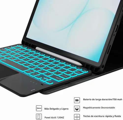 Vista 8 de Funda para Galaxy Tab A9+/A11+ de 11 pulgadas con teclado - Funda de tableta inalámbrica desmontable retroiluminada de 7 colores con panel táctil