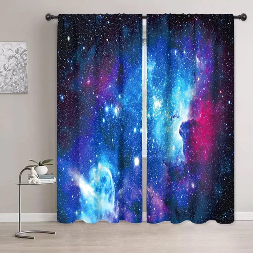 Vista 7 de Riyidecor Cortinas y Drapes Galaxia Espacio Nebulosa Cortinas de Cocina (2 Paneles 29.5 x 63 Pulgadas) Azul Bolsillo para Varilla Universo Planetas