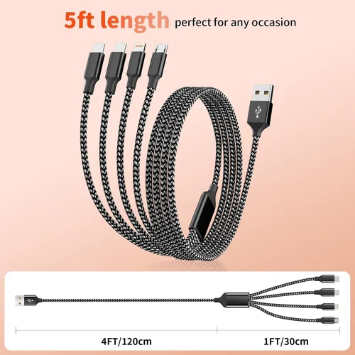 Vista 6 de Cable de carga múltiple, doble tipo C, cable de carga múltiple de nailon trenzado 4 en 1, cable de carga multi USB con puertos IP/tipo C/micro USB