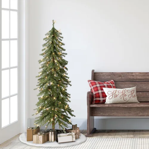 Vista 5 de Puleo International - Árbol de Navidad artificial preiluminado de 5 pies, tipo pino alpin, con 150 luces transparentes, 391 puntas de ramas densas