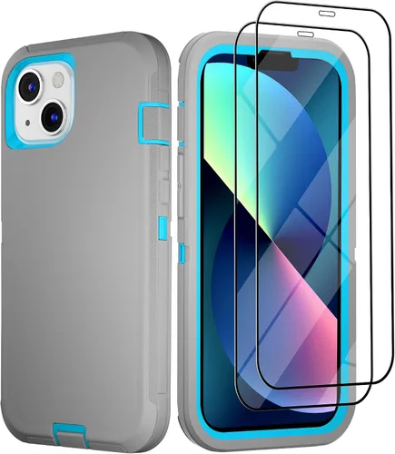 Vista 11 de Funda para iPhone 13 con 2 protectores de pantalla, resistente de grado militar, funda de cuerpo completo para hombres y mujeres (aguamarina + rosa)