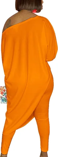 Vista 2 de Conjunto casual de 2 piezas para mujer, con un hombro asimétrico, conjunto de pantalones largos ajustados