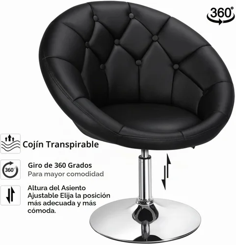 Vista 4 de Yaheetech Silla contemporánea con respaldo tapizado redondo, altura ajustable, giratoria, moderna, para tocador, negra Negro