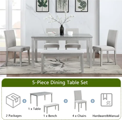 Vista 2 de LUMISOL - Juego de mesa de comedor de madera maciza con 4 sillas tapizadas y banco para cocina, comedor, sala de estar, gris plateado
