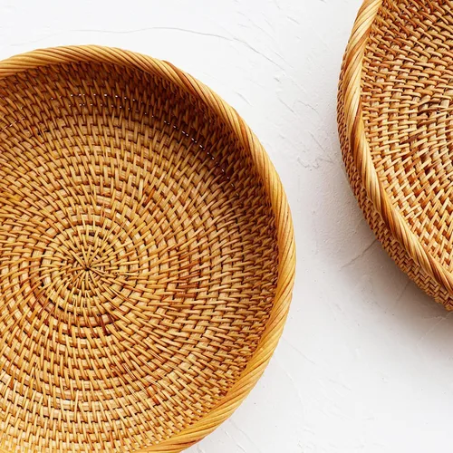 Vista 3 de I-lan Cestas de pan redondas de 10 pulgadas con pared de 2 pulgadas, cesta de frutas de ratán con borde enrollado, cesta decorativa natural