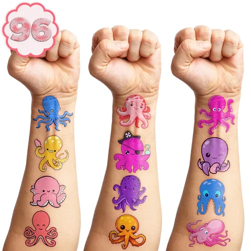 Vista 2 de 100 piezas temáticas de pulpo, regalos de fiesta de cumpleaños, suministros de decoración, pulpo, océano bajo el mar, animales, tatuajes temporales
