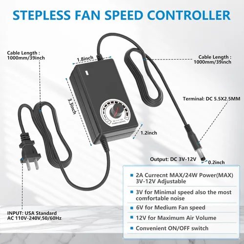 Vista 5 de Ventilador de computadora con enchufe de CA, ventilador de computadora de 12 V con CC 3-12 V a CA 100-240 V controlador de velocidad para Biltong