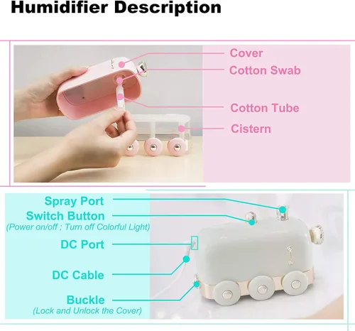 Vista 3 de Mini humidificador portátil, 10.1 fl oz, lindo tren pequeño, difusor de niebla fría para escritorio/oficina/dormitorio, ultra silencioso, función