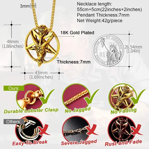 Vista 5 de FaithHeart Leviathan Satanic Brimstone Cross Necklace, Gold Plated Stainless Steel Satan Church Jewelry, Alchemical Symbol for Brimstone Pendant