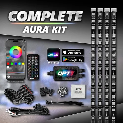 Vista 6 de OPT7 Aura PRO - Kit de iluminación LED Bluetooth de 4 piezas para rejilla Tiras multicolor de 12 pulgadas con SoundSync - Valencia de parrilla