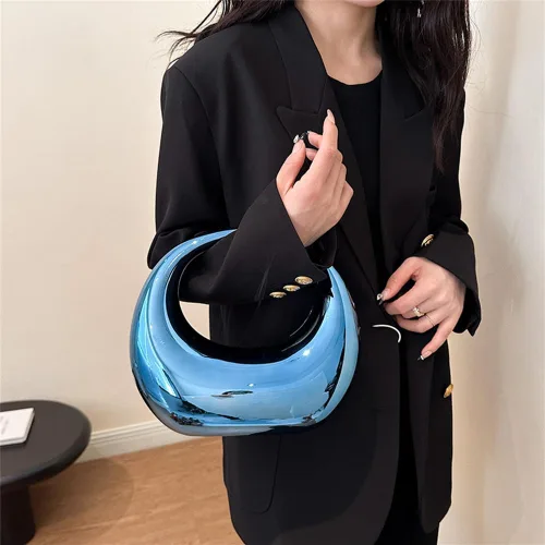 Vista 6 de Bolso metálico en forma de luna - Bolso metálico de luna, bolso de mano metálico Y2k, bolso de mano de luna con cadena de metal