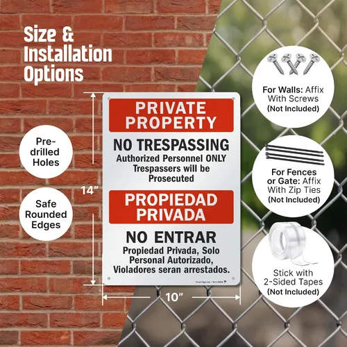Vista 4 de SmartSign Letrero bilingüe "Propiedad Privada - No Trespassing" Aluminio de 10" x 14