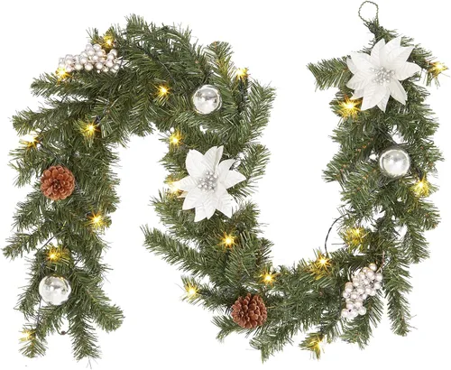 Vista 6 de Guirnalda de Navidad de 6 pies con luces, guirnalda de Navidad preiluminada con 20 luces LED, piñas, bayas de pascua, guirnalda