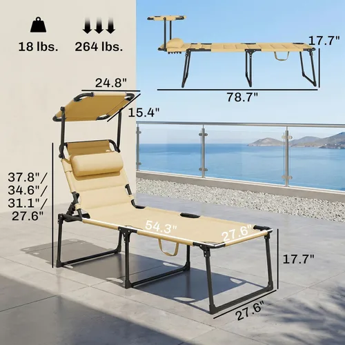 Vista 6 de Outsunny Sillón para exteriores, respaldo ajustable, tumbona plegable, silla de bronceado acolchada con techo parasol y reposacabezas de almohada