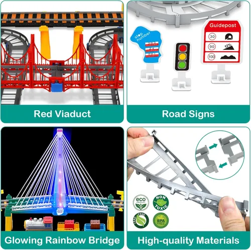 Vista 4 de Juego de tren eléctrico para niños de 4 a 8 años con juego de pistas de tren y pistas de automóvil, puente iluminado, señal de tráfico, sonido