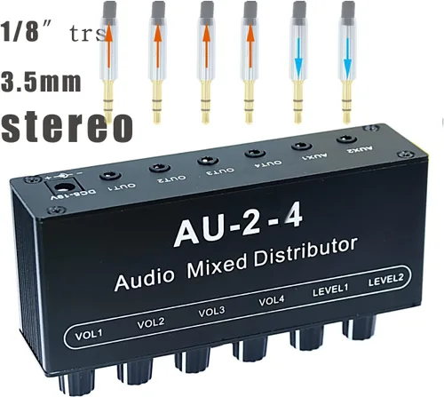 Vista 5 de 1/8 "entrada auxiliar mezcla 2 en 4 canales salida caja de auriculares amplificador de auriculares 0.138 in mezclador 1/8 pulgadas estéreo