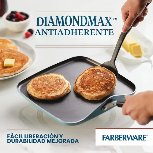 Vista 4 de Farberware Cookstart DiamondMax Sartén/Plancha Cuadrada Profunda Antiadherente, Apta para Lavavajillas, 11 Pulgadas - Aqua Aguamarina
