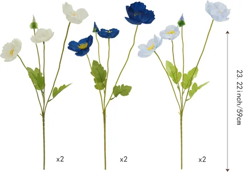 Vista 9 de FERIAL 6 flores de amapola artificiales de seda con tallos de amapola sintética de tacto real para el hogar, cocina, centros de mesa, arreglo Blanco