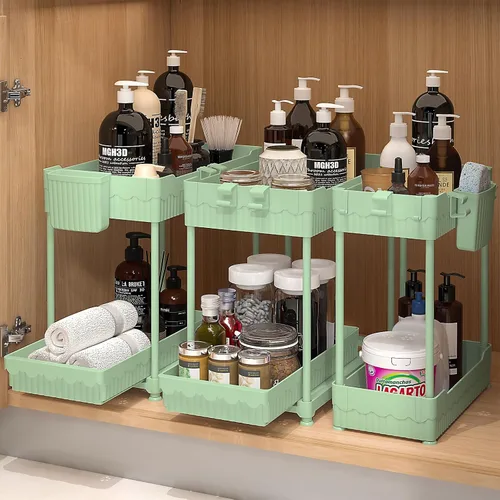 Vista 8 de Sevenblue Paquete de 3 organizadores para debajo del fregadero, organizadores multiusos de cocina y baño de 2 niveles y almacenamiento con cajones