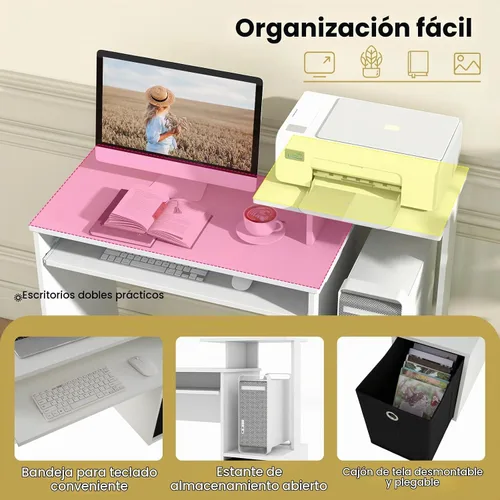 Vista 7 de Tangkula Escritorio para computadora con cajón de tela y bandeja para teclado, escritorio de estudio que ahorra espacio con estantes