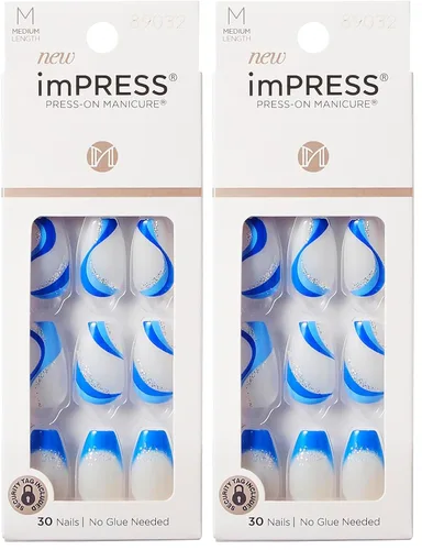 Vista 17 de Uñas postizas sin pegamento KISS imPRESS, diseño "All I Want" Púrpura y Blanco