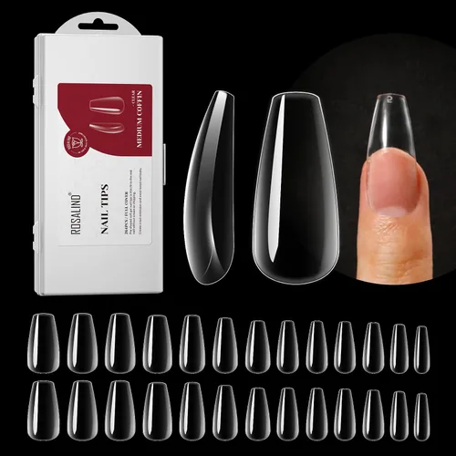 Vista 11 de ROSALND - 264 puntas de uñas postizas largas transparentes con forma de ataúd, uñas postizas acrílicas de cobertura completa con caja, 12 tamaños