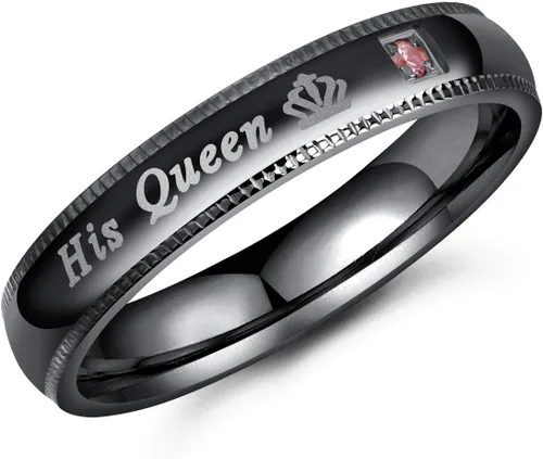 Vista 3 de Conjunto de 2 anillos negros de acero inoxidable para parejas, de compromiso, de boda, frase en inglés His Queen y Her King