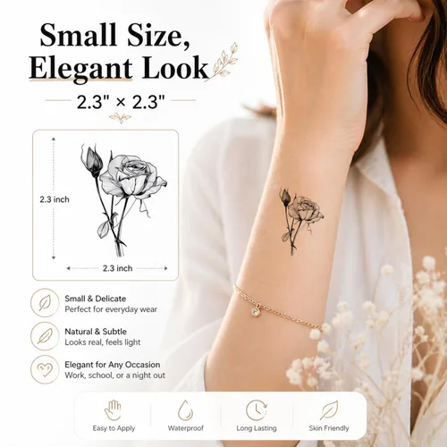 Vista 5 de 50 hojas de tatuajes temporales de ramas pequeñas de flores negras para mujeres y niñas, ramo de flores pequeñas, tatuaje temporal de plantas