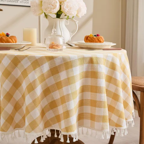 Vista 29 de JIALE - Mantel cuadrado de lino de algodón de cuadros Gingham con borlas, lavable, sin arrugas, mantel a cuadros de búfalo para fiesta al aire Beige