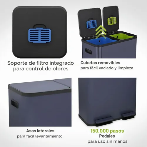 Vista 6 de Cubo de basura rectangular de 70 litros/18.5 galones con pedal, sin contacto manual, doble compartimento para reciclaje de cocina, con tapa Azul