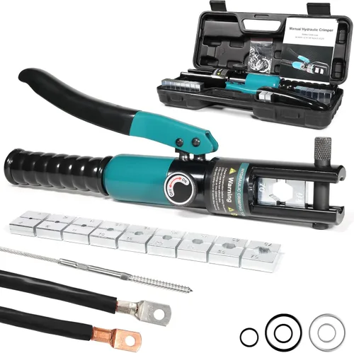 Vista 13 de Brileine Herramienta de prensado hidráulico de 10 toneladas con 9 troqueles, herramienta de crimpado de cable de batería y herramienta de engaste