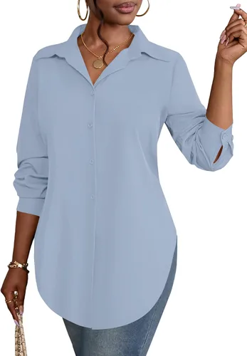 Vista 30 de Rooscier Blusa larga con cuello en V para mujer, manga larga, abertura lateral, con botones