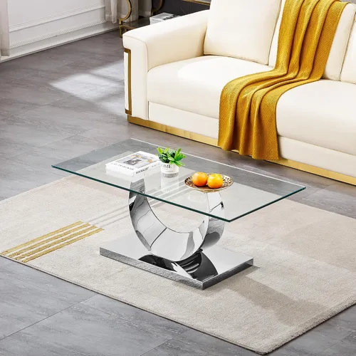 Vista 32 de Mesa de centro de cristal de lujo, mesa de centro de sofá de 47 pulgadas con marco de acero inoxidable dorado y parte superior de vidrio negro, mesa