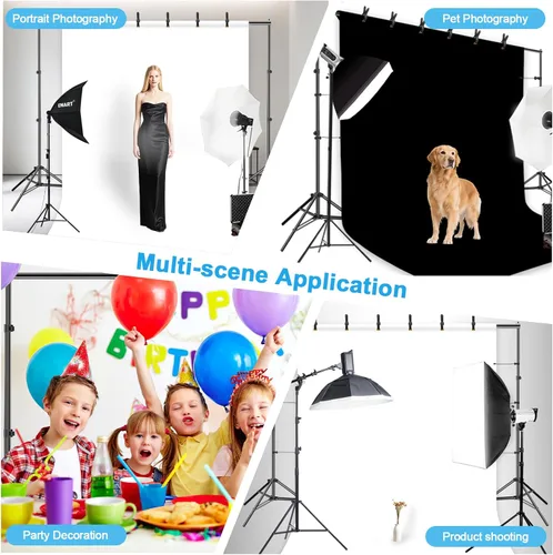 Vista 2 de EMART Sistema de soporte de fondo de 7 x 10 pies, kit de iluminación profesional para fotografía, fondo blanco y negro de 6.5 x 10 pies, sistema