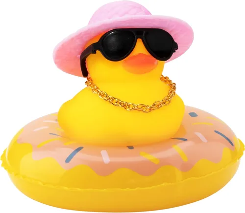 Vista 11 de wonuu Pato de goma para automóvil, decoración de pato amarillo con sombrero para el sol, anillo de natación, collar, gafas de sol para decoración