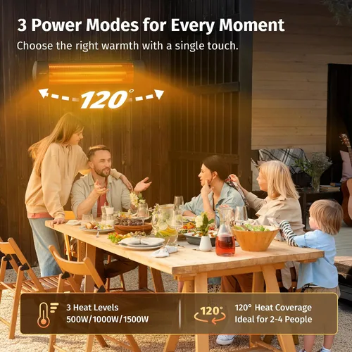 Vista 4 de EAST OAK Calentador eléctrico para patio, calentador infrarrojo montado en la pared de 1500 W para exteriores, garaje, patio trasero, restaurante