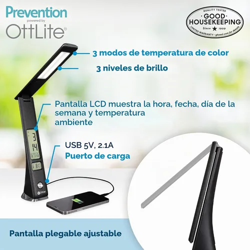 Vista 2 de OttLite Lámpara LED Prevención con Pantalla Digital y Carga USB, Negro