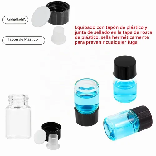 Vista 2 de viales de vidrio transparente de 2 ml con tapas de rosca y tapones de plástico, vial pequeño de muestra de líquido de 1/2 dracma, vial a prueba