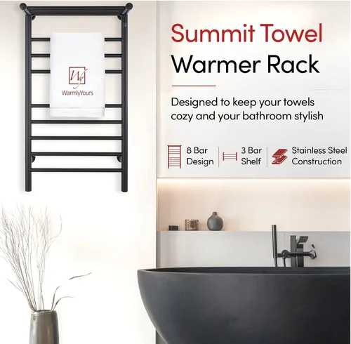 Vista 4 de WarmlyYours Calentadores de toallas negros para baño, toallero térmico negro montado en la pared con estante, 11 barras de acero inoxidable, 20 x 36