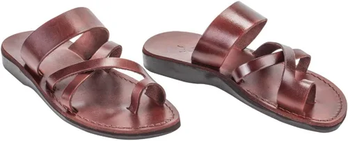 Vista 4 de Sandalias bíblicas de Jesús para hombre, cuero genuino de camello, lazo para el dedo del pie hecho a mano de Jerusalén, marrón y negro Tierra Santa