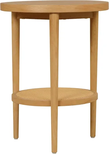 Vista 7 de Nathan James Sonia - Mesa auxiliar redonda de estilo boho, mesa lateral natural para sofá en madera clara con estante de almacenamiento de ratán