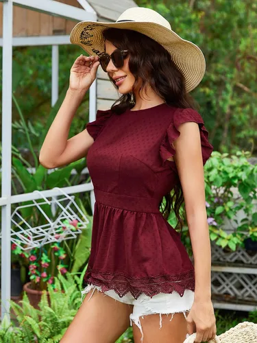 Vista 4 de SweatyRocks Blusa peplum de encaje con volantes y espalda descubierta para mujer