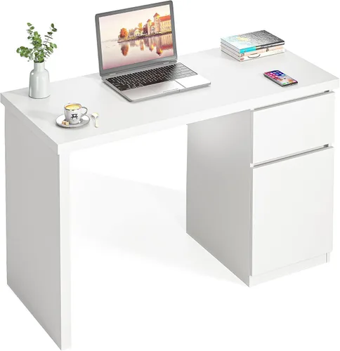 Vista 9 de Furtble - Escritorio blanco con cajones, escritorio pequeño de 43 pulgadas, lindo escritorio para dormitorio, escritorios de PC para oficina