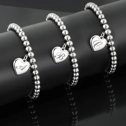 Vista 6 de Estendly - Pulsera de cuentas de acero inoxidable de 6mm con dije en forma de corazón e inicial, 26 letras, ideal como regalo de cumpleaños