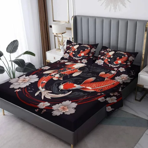 Vista 9 de Juego de sábanas de tamaño individual – Sábanas de cama de pez Koi japonés, sábanas y fundas de almohada, sábanas y fundas de almohada, microfibra
