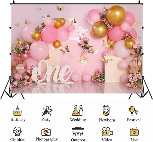 Vista 4 de Telón de fondo de 1er cumpleaños para niña, globos rosados, mariposa dorada, dulce para niños, decoración de fiesta de cumpleaños, fotografía