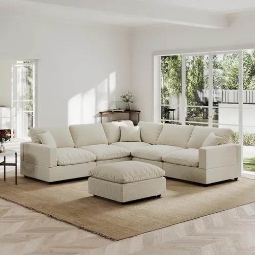 Vista 41 de Sofá seccional moderno de lino en forma de L para sala de estar, sofás modulares con relleno de plumón, fundas de cojín de sofá desmontables, sofá