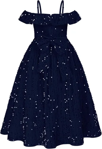 Vista 2 de GRACE KARIN Vestido de niña con hombros descubiertos y lentejuelas brillantes con nudo de lazo, 6-12 años
