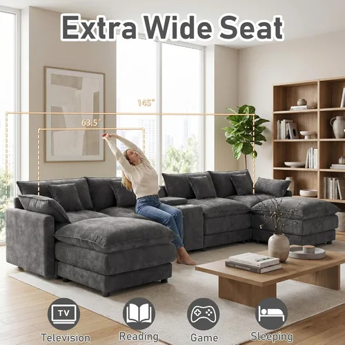 Vista 5 de Sofá modular de gran tamaño de 145 pulgadas, sofá de nube en forma de U, moderno juego de sofá de 6 asientos para sala de estar, cómodo asiento Gris